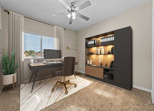 A room with a desk, chair, and a ceiling fan.
