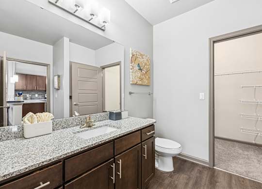 909 Flats Modern Apartments in Nashville, Tennessee Model Bathroom with Attached Walk-In Closet