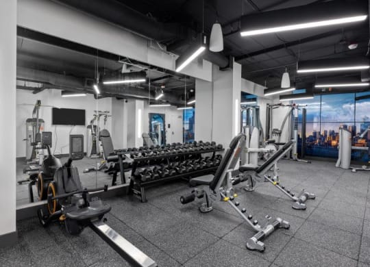 a rendering of a gym with weights and cardio equipment