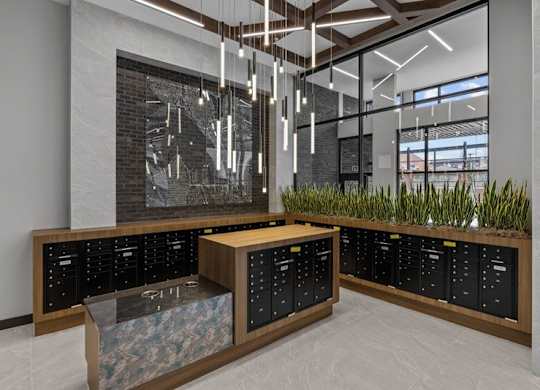 A modern office space with a large table, chairs, and a wall of windows.
