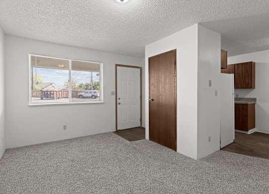A room with a window, a door, and a cabinet.