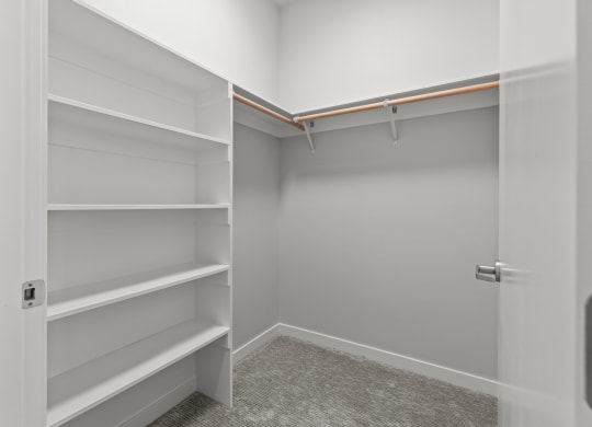 a walk in closet in a home with empty shelves