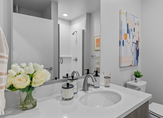 Gridline Apartments Bathroom with white counters