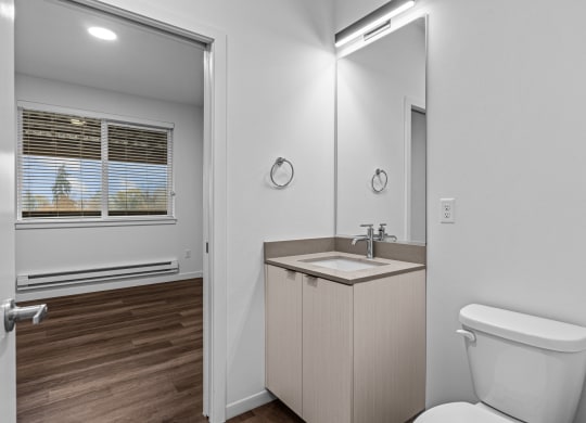 a bathroom with a mirror and a toilet and a sink