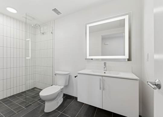 OnyxOnPark_SanDiego_CA_Vacant_2BR_B1_A white bathroom with a toilet, sink, and mirror.