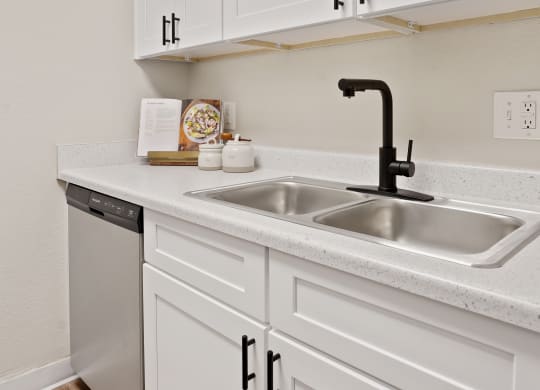 a kitchen with white cabinets and a sink and a black faucet