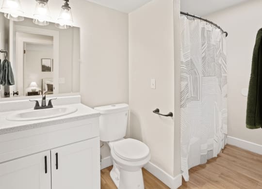 a bathroom with a shower toilet and sink and a mirror