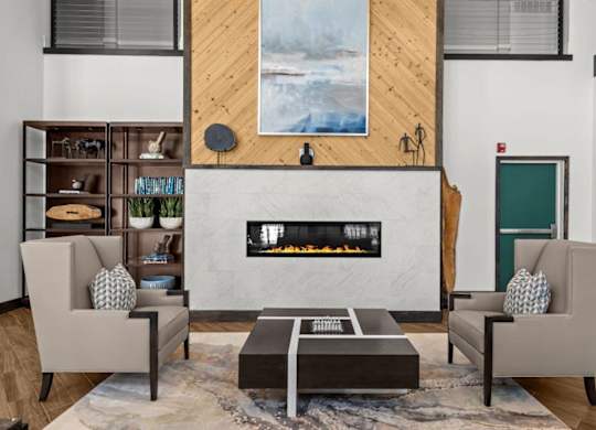 A modern living room with a fireplace and two chairs.