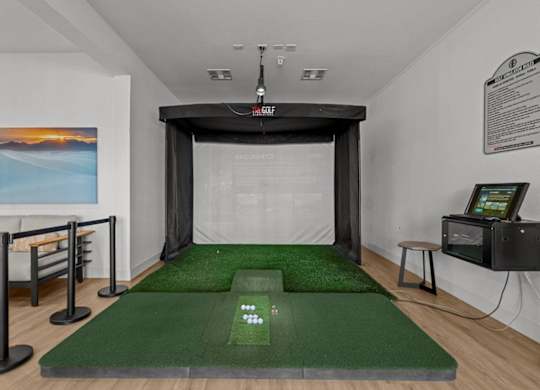 A room with a green carpet and a white wall with a painting on it.