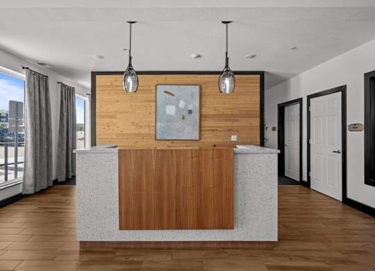 A reception area with a wooden panel and a grey counter.