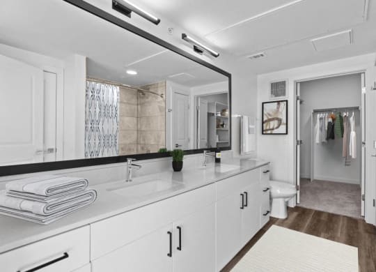 a bathroom with two sinks and a large mirror