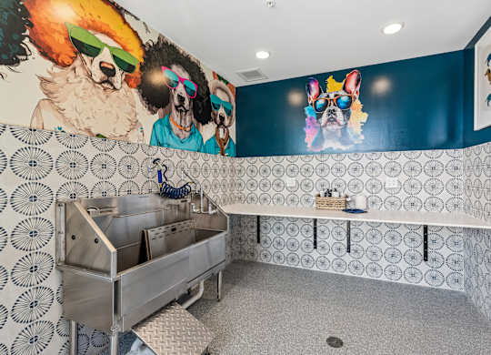 A wall with a mural of dogs wearing sunglasses.