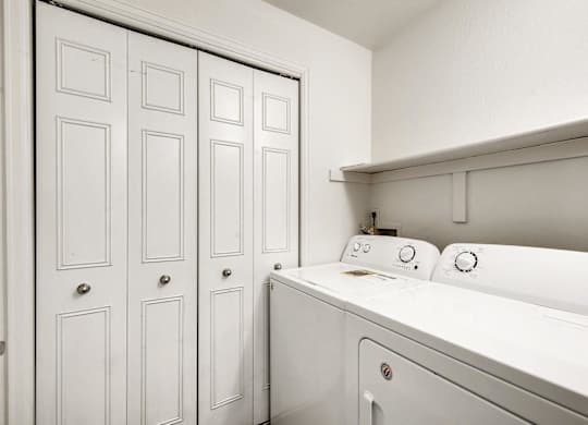 A white washing machine in a laundry room.