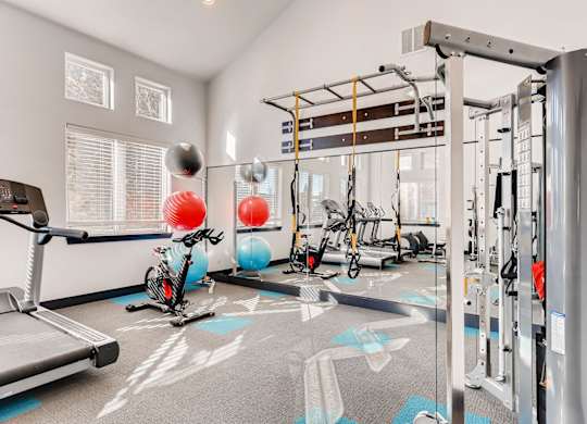 A gym with a treadmill, exercise balls, and weight machines.