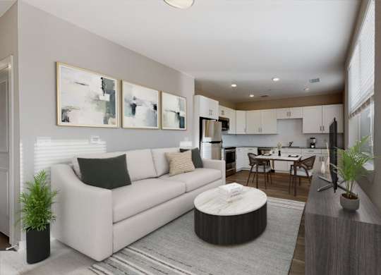 A modern living room with a white couch and a grey rug.