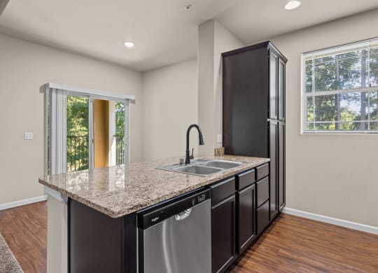 Little Tuscany Apartments & Townhomes - Kitchen Cabinets with Dark Color, Stainless Steel Appliances, Vinyl Wood Plank Flooring, White Woodwork, Granite Countertops, Breakfast Bar