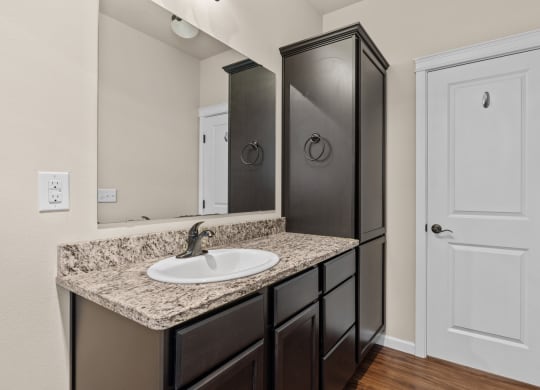 Little Tuscany Apartments & Townhomes - Apartment Bathroom with Dark Cabinets, Granite Countertops, Wood Plank Flooring, White Woodwork