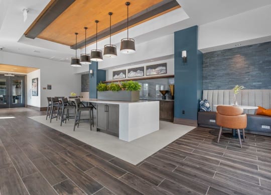 a kitchen and dining area in a modern apartment