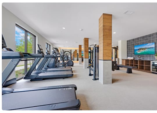A gym with treadmills and other exercise equipment.