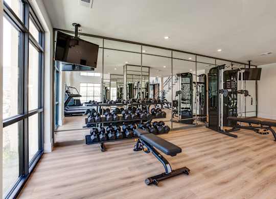 A gym with a variety of equipment including dumbbells, benches, and a television.