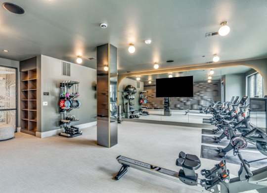 A spacious gym with a variety of exercise equipment.