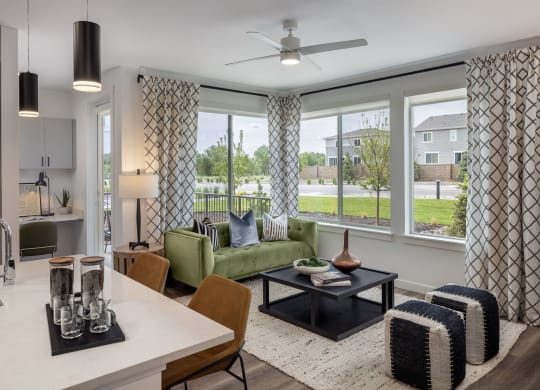 a living room with a couch and a table