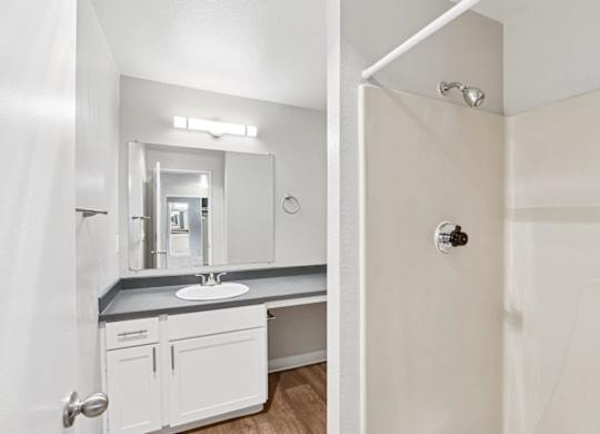 A bathroom with a sink, mirror, and shower.