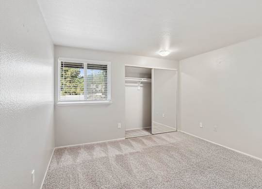 A room with a carpeted floor and a window with blinds.