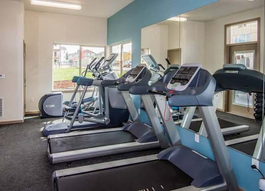 A gym with treadmills and a mirror.