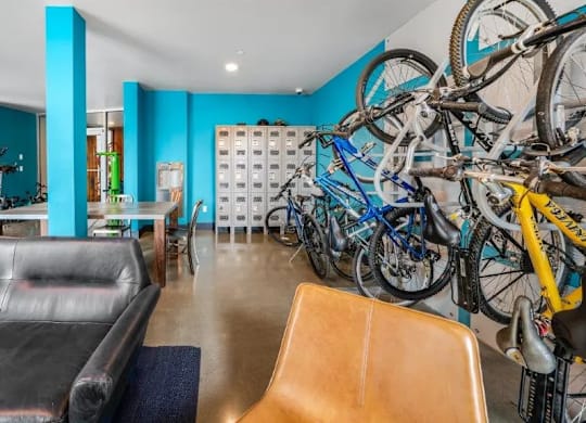 A room with a black couch and a bicycle rack.