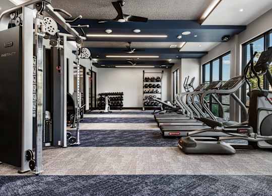 A gym with treadmills, weights, and other exercise equipment.