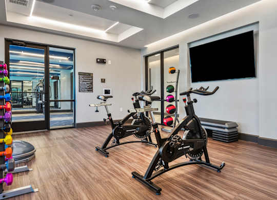 A gym with a row of stationary bikes and a flat screen TV mounted on the wall.