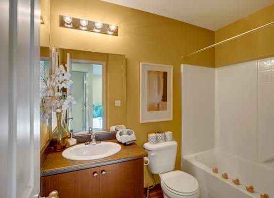 A bathroom with a white toilet, sink, and bathtub.
