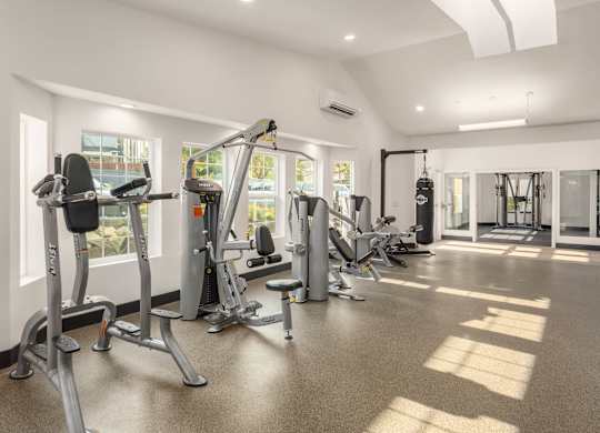 A spacious gym with a variety of equipment including treadmills, stationary bikes, and weight machines.