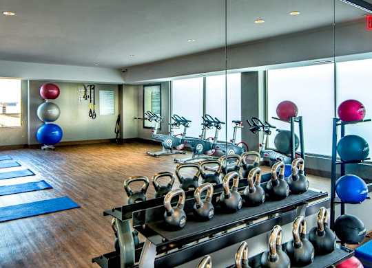 A gym with a row of kettlebells on a rack.
