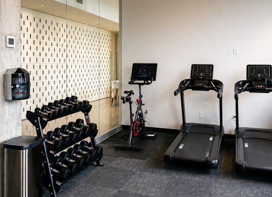 A gym with treadmills, a stationary bike, and a weight rack.
