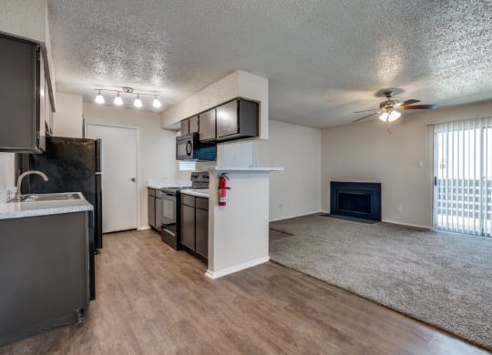 Cobble Hill Apartments in Fort Worth, Texas Kitchen and Living Room with Fireplace