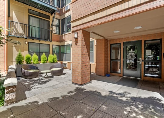 Front entrance/office door at Collins Circle apartments in the Goose Hollow district in Portland, Oregon.