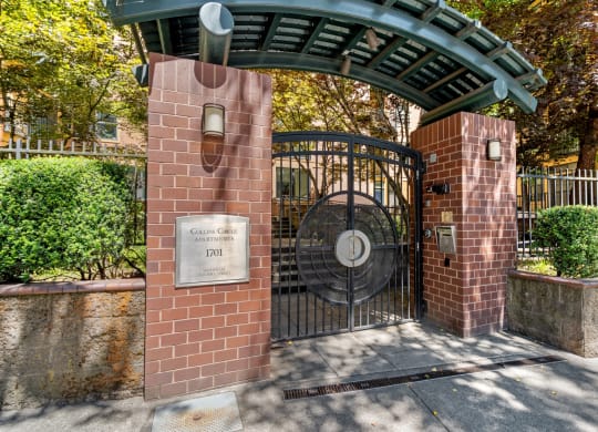 Gated community entrance at Collins Circle apartments in the Goose Hollow district in Portland, Oregon.