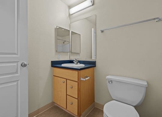 Bathroom with wooden cabinets and mirror at Collins Circle apartments in the Goose Hollow district in Portland, Oregon.