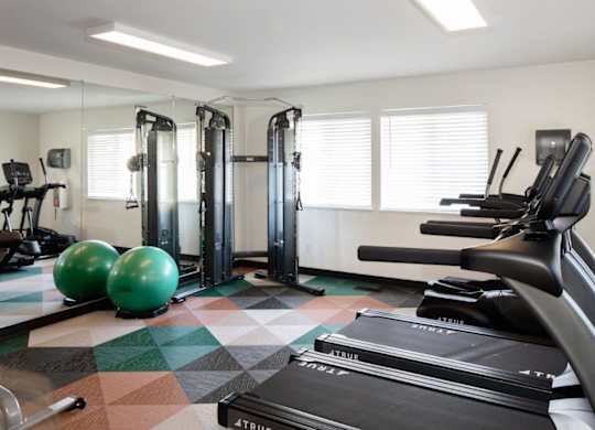 A gym with a treadmill, exercise balls and weights.