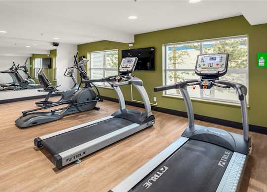 A gym with treadmills and elliptical machines.