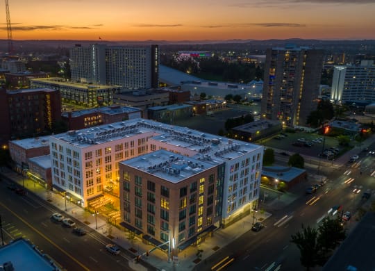 The Warren Apartments building aerial view at night