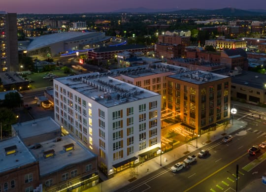 The Warren Apartments building exterior aerial at night