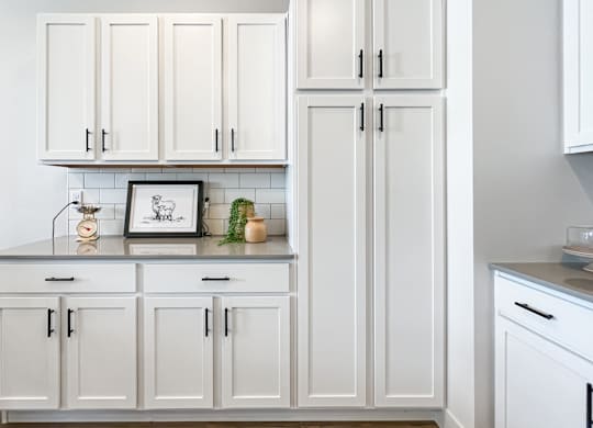 A kitchen with white cabinets and a framed picture on the counter.