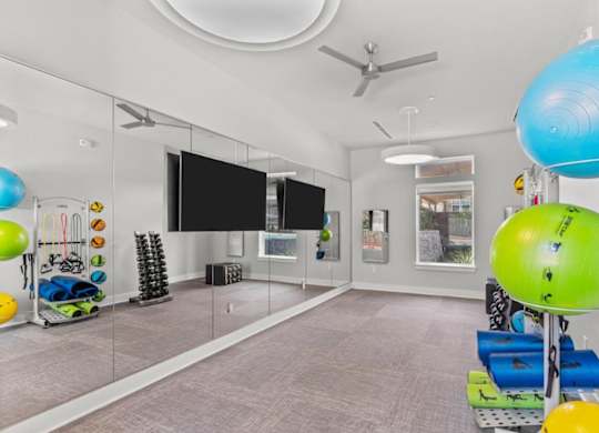 A room with a mirror, a fan, and exercise equipment.