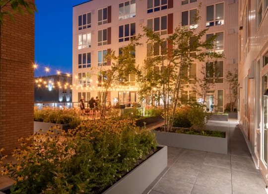 The Warren Apartments patio at night