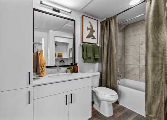 a bathroom with a sink and a toilet and a shower