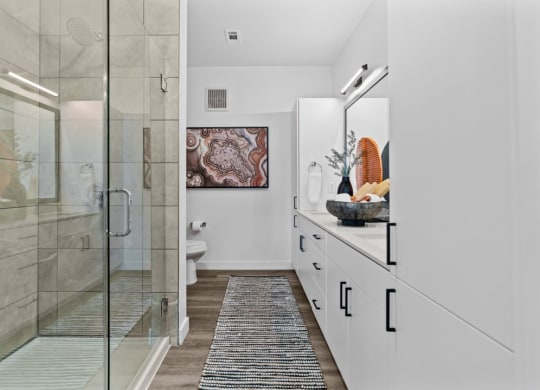 a bathroom with a shower and a sink and a rug