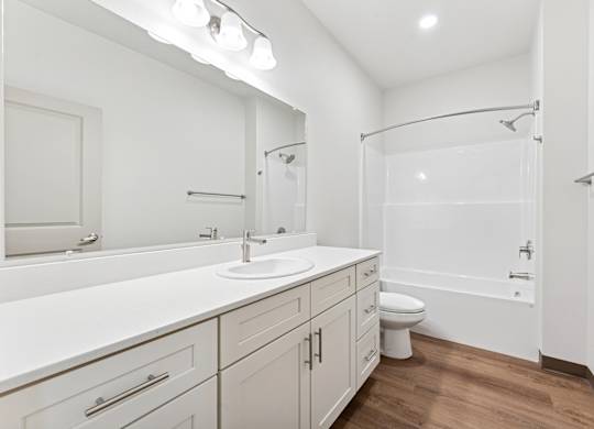 A white bathroom with a toilet, sink, and shower.